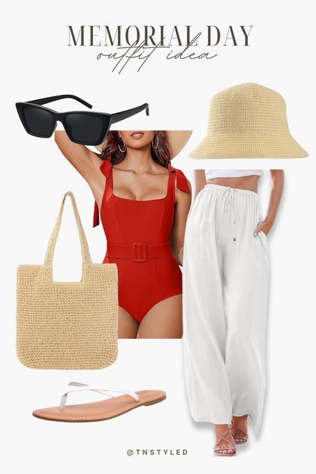 Memorial Day Outfit Idea from @amazon. // red one piece swimsuit, straw hat, straw bag, white beach trouser, flat sandals

#LTKstyletip #LTKSeasonal