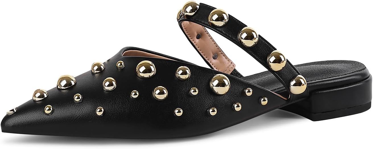 Women's Rivet Mules Pointed Toe Strap Slipper Comfortable Flats Shoes | Amazon (US)