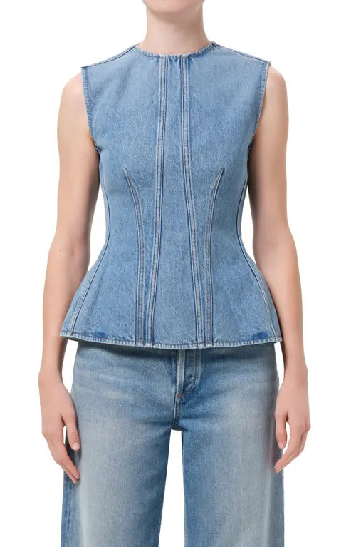 AGOLDE Corbin Denim Peplum Top in Danton Md Vint Tinted Ind at Nordstrom, Size Medium | Nordstrom