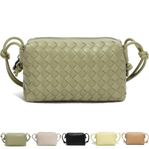 QAORD Woven Crossbody Bags For Women, Small Handmade Purse Clutch Shoulderbag Handbag Vegan Leather Zipper Closure Bags, Green, S, Woven | Amazon (UK)