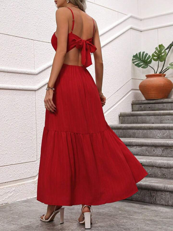 SHEIN VCAY Solid Color Backless Knotted High Slit Cami Dress | SHEIN