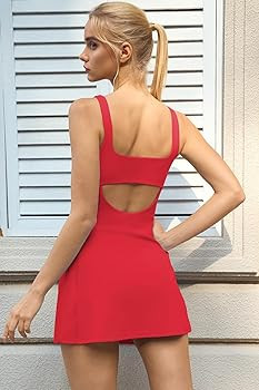 QINSEN Women's Tennis Dress Square Neck Low Back Cutout Workout Dress Built in Shorts Side Slit G... | Amazon (US)