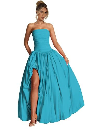 Strapless Ruched Prom Dresses Pleated A-Line Bubble Corset Graduation Formal Party Gowns with Slit Aqua Blue US 0 | Amazon (US)