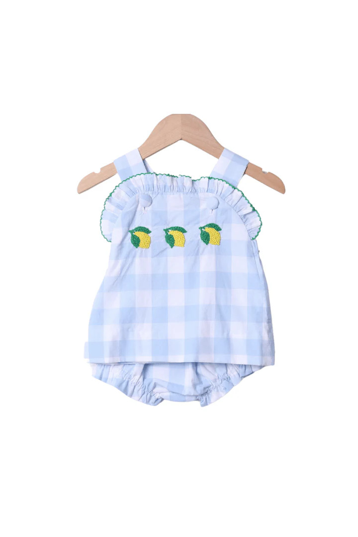 French Knot Lemon Blue Gingham Bloomer Set | The Smocked Flamingo