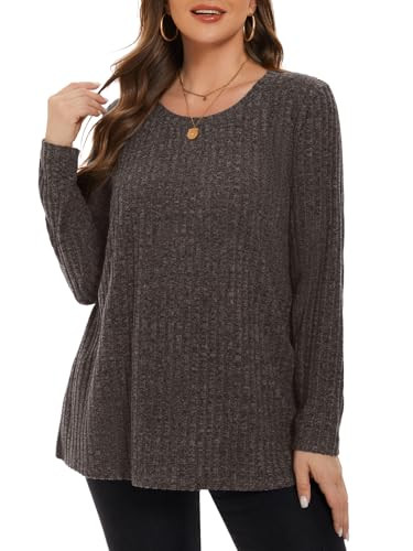 BELAROI Plus Size Long Sleeve Tops for Women Tunic Shirts Dressy Casual Sweaters Pullover Scoop Neck Lightweight Loose Fit (3X, Deep Coffee) | Amazon (US)