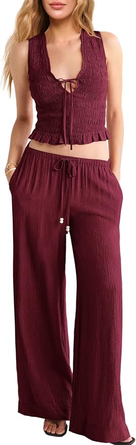 Panadila Womens 2 Piece Summer Lounge Set Travel Beach Vacation Sets Smocked Crop Tank Tops and W... | Amazon (US)