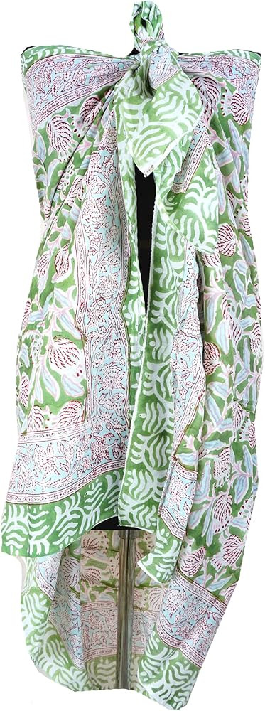 100% Cotton Block Print Sarong - Women's Swimsuit Wrap Cover-Up, Long Beachwear & Resort Apparel | Amazon (US)