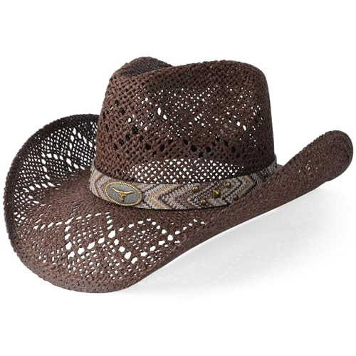 WQWOVRVO Cowboy Hat,Cowgirl Hat,Cowboy Hats for Women/Mens/Straw Wide with Shapeable Brim Western Cowboy Hat for Womens (US, Alpha, One Size, Brownish Color) | Amazon (US)