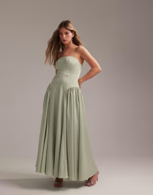 ASOS DESIGN Bridesmaids drop waist tie detail cami midaxi dress in light green | ASOS | ASOS (Global)