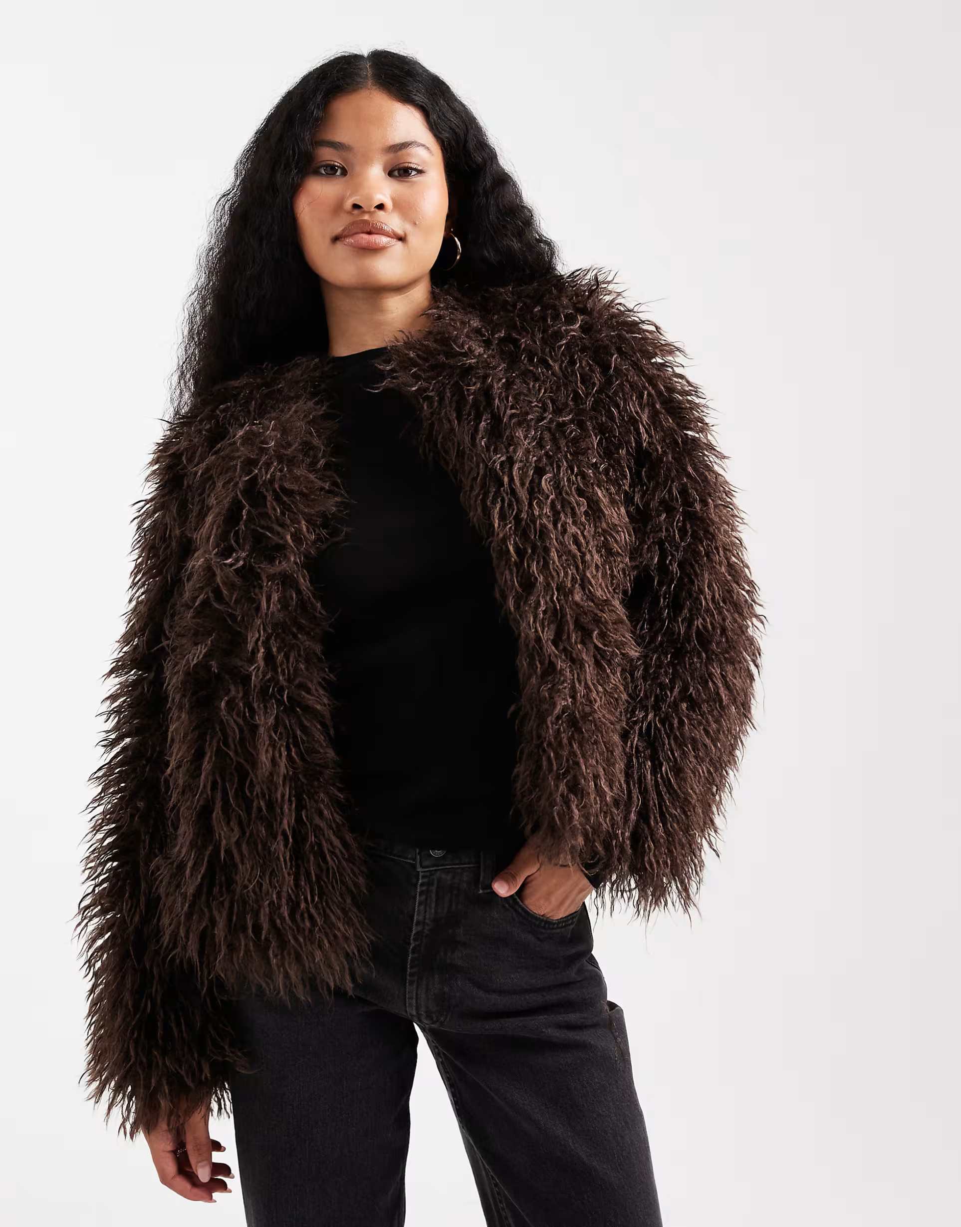 New Look Petite shaggy faux fur jacket in brown | ASOS | ASOS (Global)