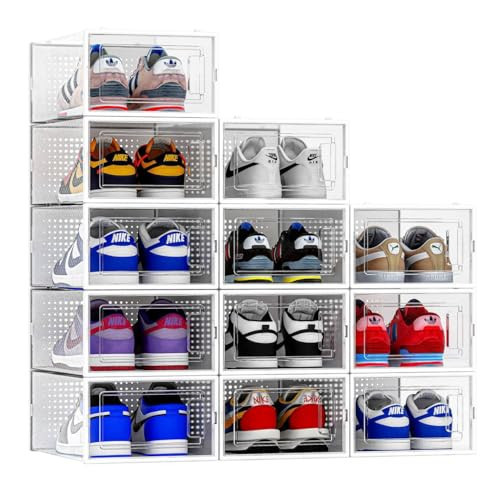 12 Pack Shoe Organizer Storage Bins, Clear Plastic Stackable Shoe Boxes for Closet, Space Saving Foldable Shoe Storage Bins, Sneaker Storage Shoe Box Container, White Frame | Amazon (US)