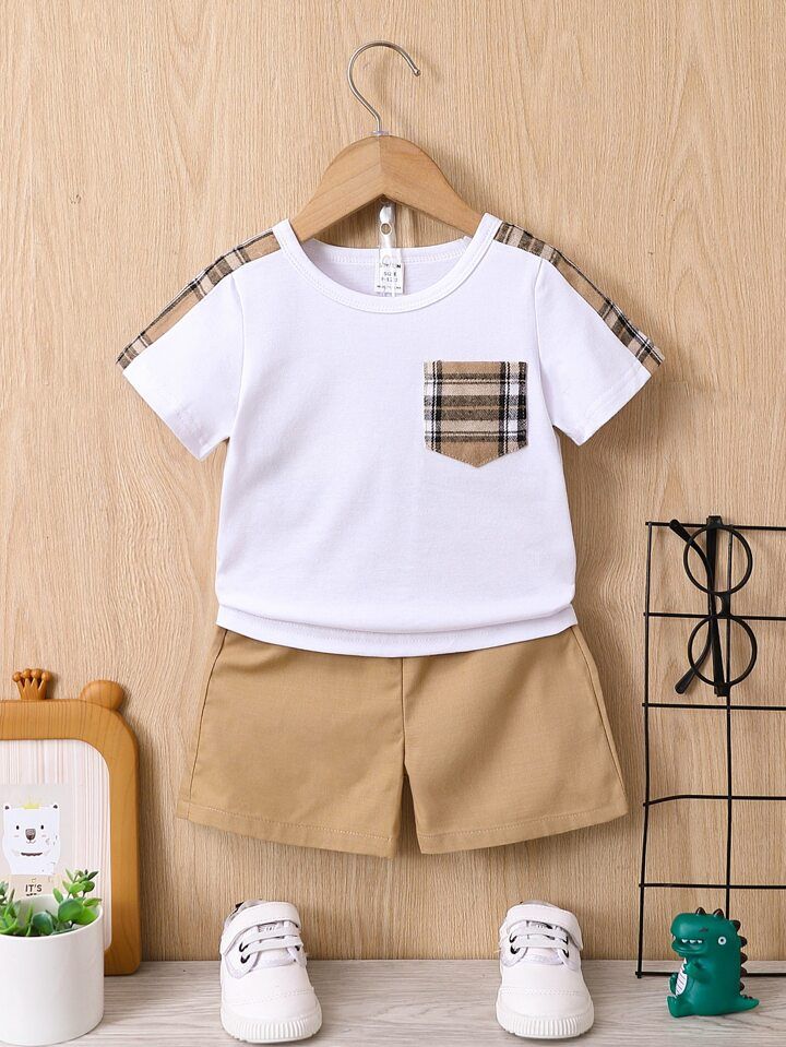 Baby Boy Plaid Patched Pocket Tee & Shorts | SHEIN