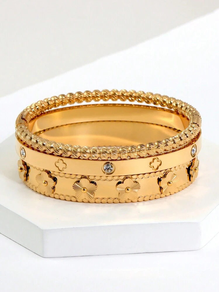 1 Pieza Brazalete De Acero Inoxidable Con Baño De Oro De 18K Con Diseño De Flor, Joyería De Fiesta Y Boda Como Regalo De San Valentín Para Mujeres | SHEIN