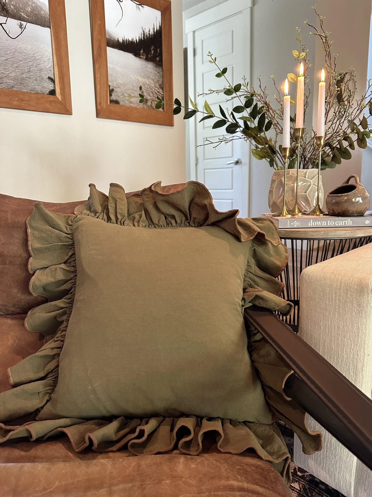 Hunter Green Linen-Ruffle Pillow Cover — Rennah Decorative Pillows | Rennah