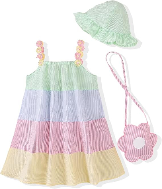 Toddler Girls Summer Dresses 3-Pieces Casual Sleeveless Sundress Girls' Flower Strap Dress with B... | Amazon (US)