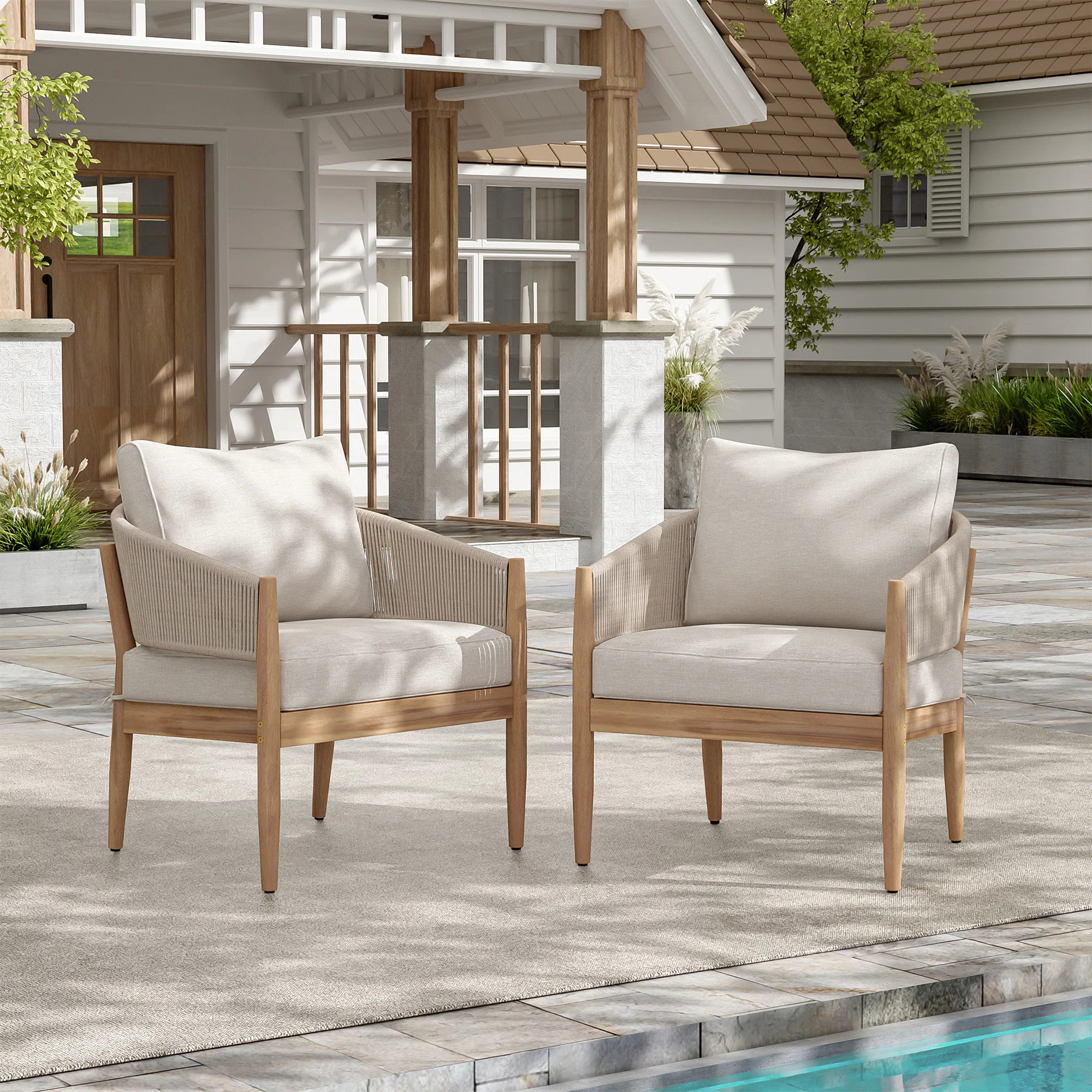 Verona Outdoor Patio Acacia Wood Club Chair, Natural Finish Wood, Beige Cushion, Light Brown Rope, Set Of 2 | Wayfair North America