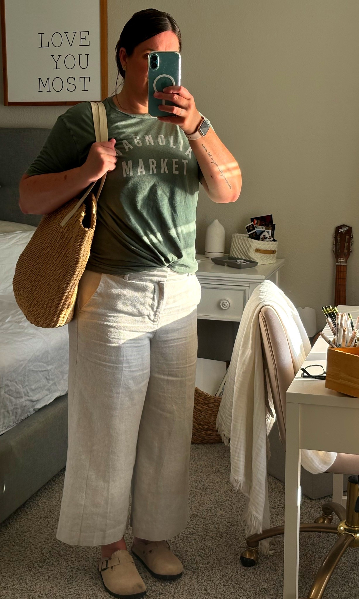 Linen wide-leg pants, a soft Magnolia Market tee, and neutral clogs — easy, timeless, and made for real life. The straw tote adds texture and that just-back-from-the-market charm.

This is my go-to everyday outfit for errands, writing days, and slow mornings at home — comfortable, classic, and budget-friendly coastal living.

#LTKOver40 #LTKItBag #LTKStyleTip