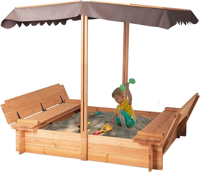 BIRASIL Wood Sandbox with Cover, Sand Box with 2 Bench Seats for Aged 3-8 Years Old, Sand Box for... | Amazon (US)