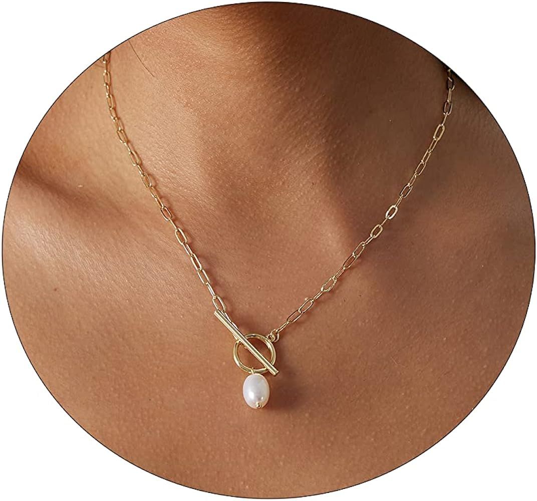 CAROVO Dainty Gold Chain Toggle Clasp Necklace for Women 18K Gold Filled Handmade Pearl Cuban Cur... | Amazon (US)