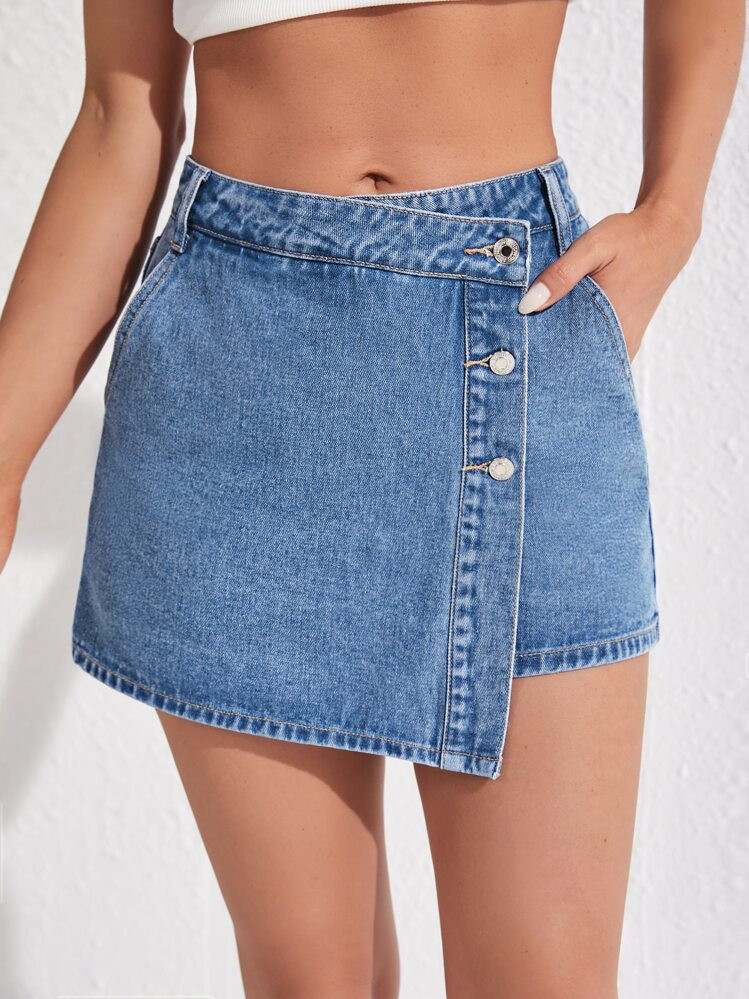 SHEIN Essnce High Waist Button Front Denim Skort | SHEIN