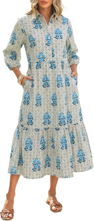 Floral Midi Dress for Women 3/4 Sleeve Cotton Button Up Collared Shirt Dress Flowy Ruffle Hem Spr... | Amazon (US)