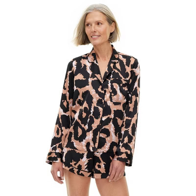 Women's 2pc Long Sleeve Notch Collar Top and Shorts Leopard Neutral Pajama Set - DVF for Target | Target