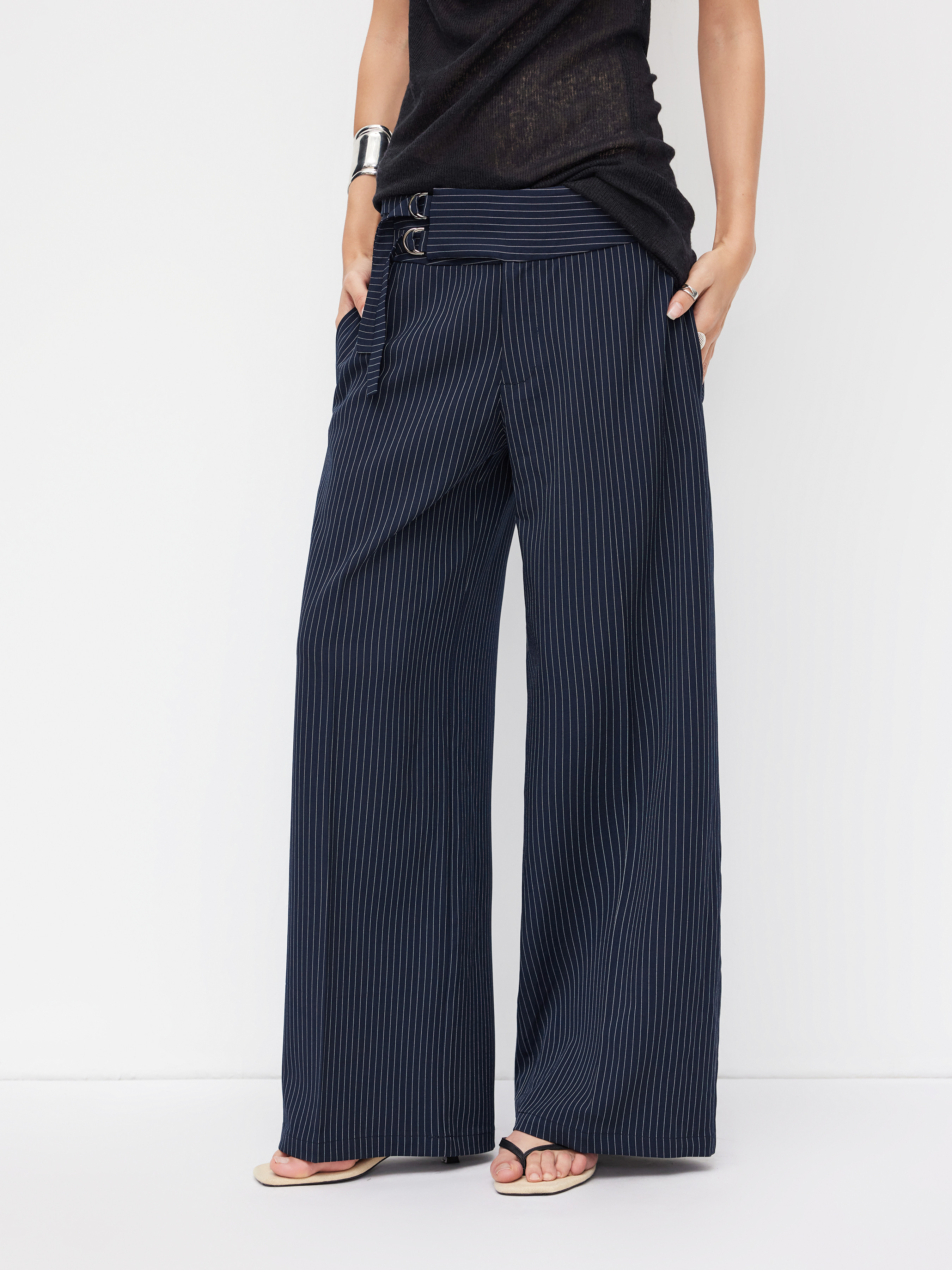 Woven Striped Low Rise Buckle Wide Leg Trousers For Daily Casual | Cider