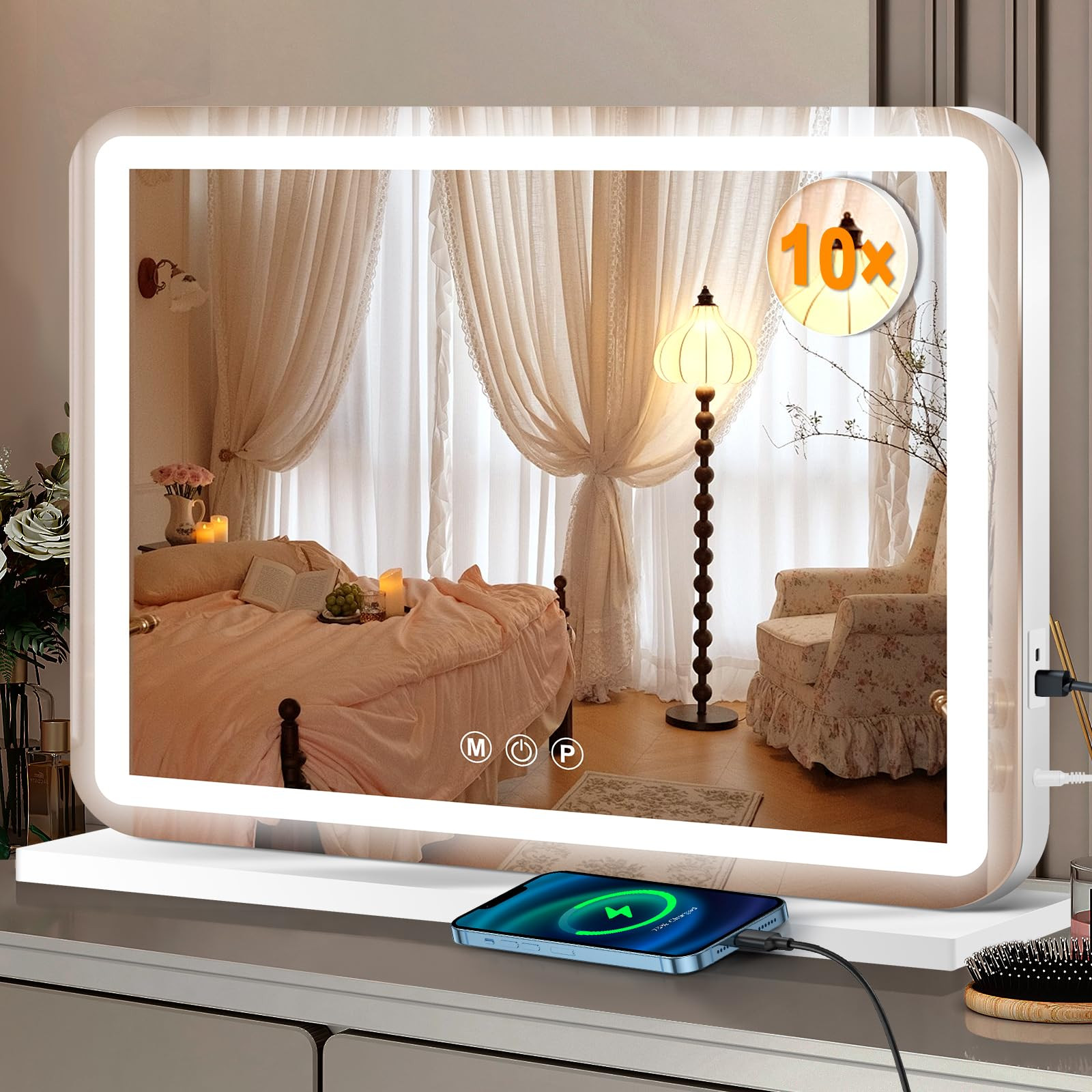 23" x 18" Vanity Mirror with Lights, Led Lighted Makeup Mirror with 3 Color Dimmable Lights, Touc... | Amazon (US)