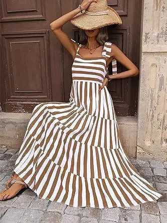 Striped and Floral Sleeveless Maxi Dress khaki / XL | Casual Chic Boutique