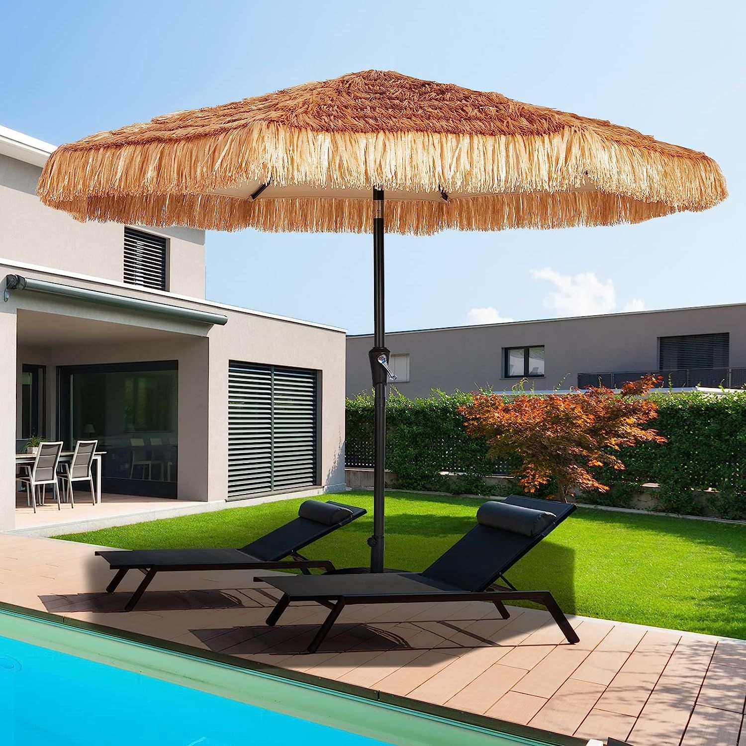 KITADIN 9FT Patio Umbrella Thatched Tiki Outdoor Umbrella with Plug Tropical Hawaiian Style Grass... | Amazon (US)