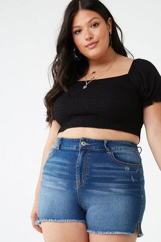 Plus Size Frayed Denim Shorts | Forever 21 (US)