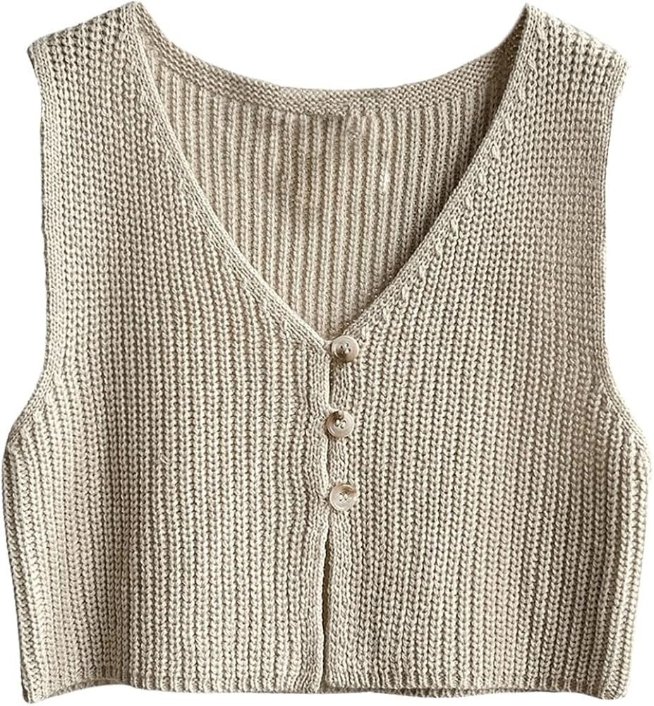SweatyRocks Women's Button Front Sweater Vest Split V Neck Sleeveless Crop Knit Tops | Amazon (US)