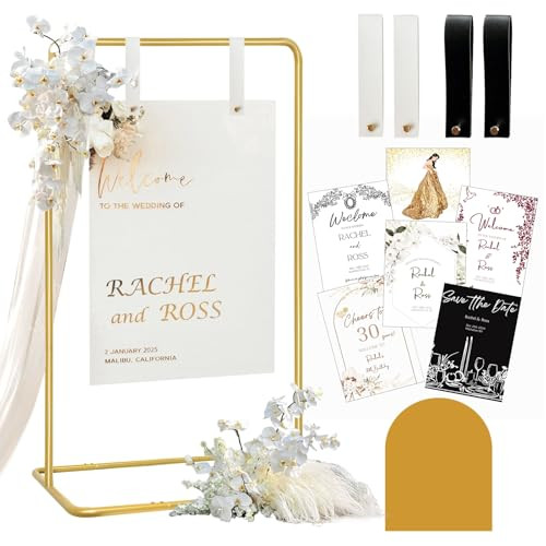 Wedding Sign Holder, Adjustable Welcome to Our Wedding Sign Stand W/Design Bundle & Leather Sign Hanging Straps, Heavy Duty Easel Stand for Sign, Wedding Seating Chart Stand, Easel for Display (Gold) | Amazon (US)