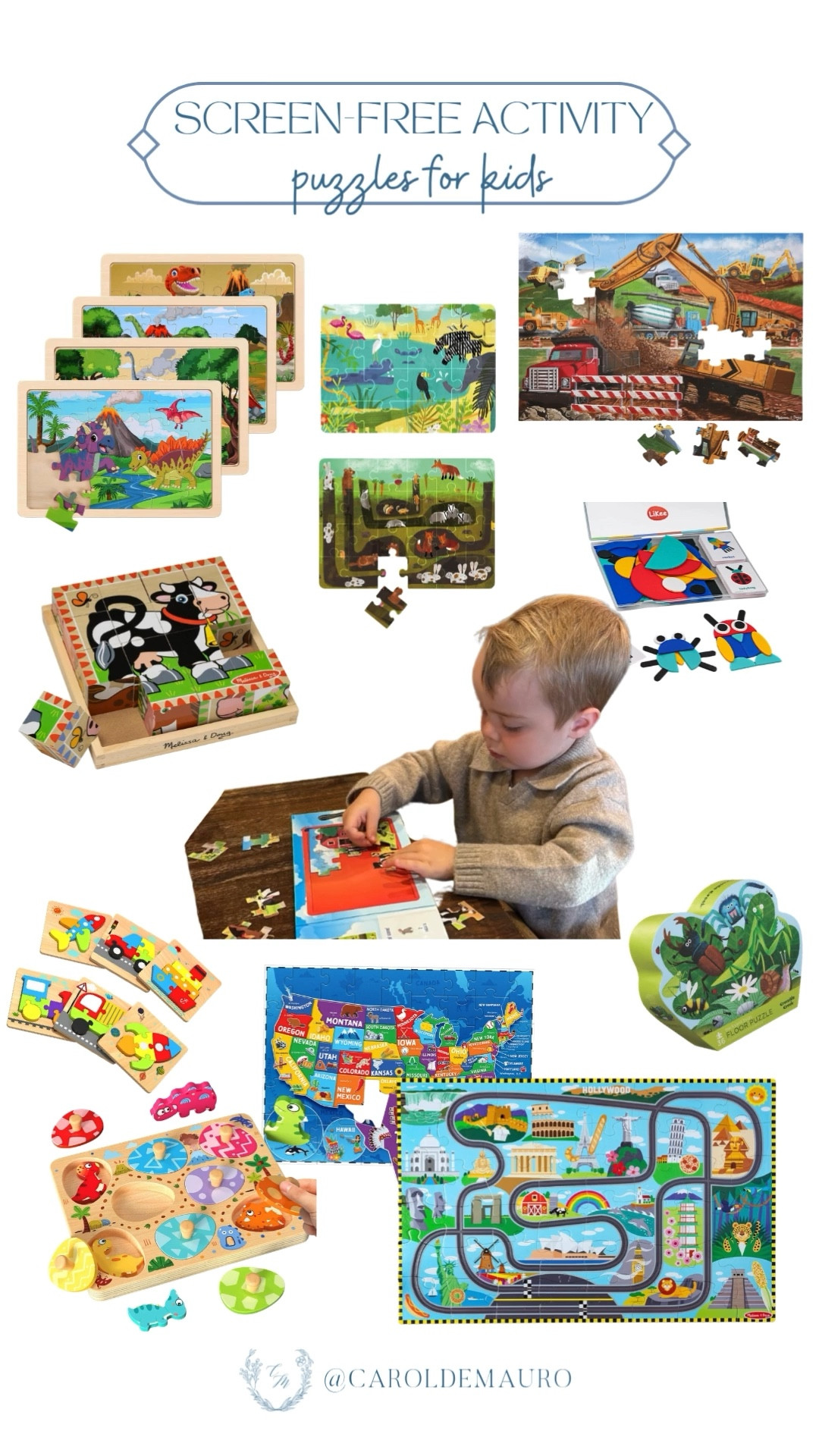 Keep your little ones entertained and learning with this fun variety of puzzles, from the colorful dinosaur wooden sets to the detailed construction site floor puzzle. They can explore the world with the US map puzzle or practice fine motor skills with the Melissa & Doug farm blocks and chunky peg puzzles.

screen free activities, kids toy, toddler activities, play based learning, life with toddlers, sensory play, weekend vibes, mom tips

#LTKHome #LTKKids #LTKSeasonal