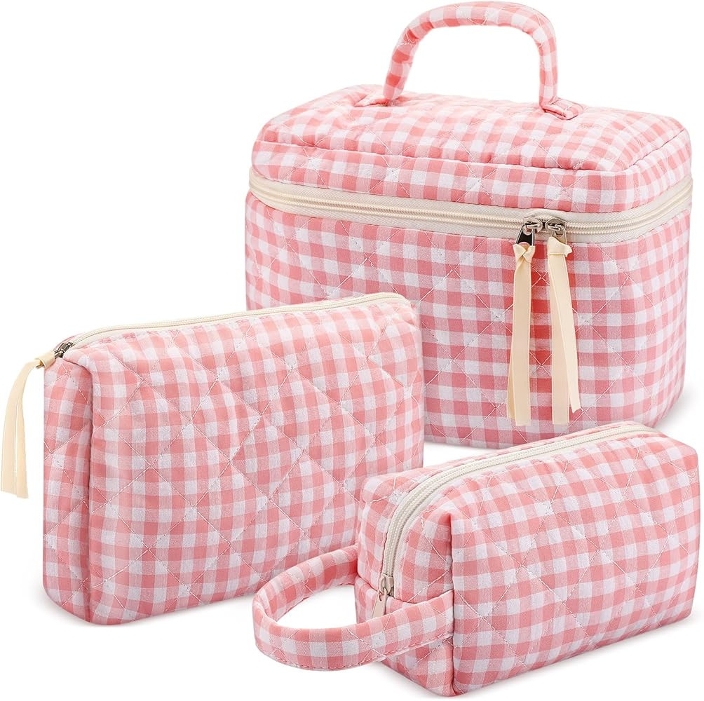 3 Pieces Cotton Quilted Makeup Bag Set Coquette Cosmetic Bag Aesthetic Travel Toiletry Bags Cute ... | Amazon (US)