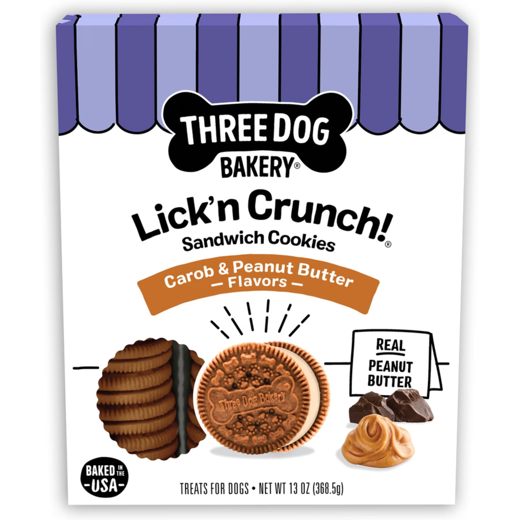 Three Dog Bakery Lick'n Crunch Carob & Peanut Butter Sandwich Cookies Dog Treats, 13-oz box | Chewy