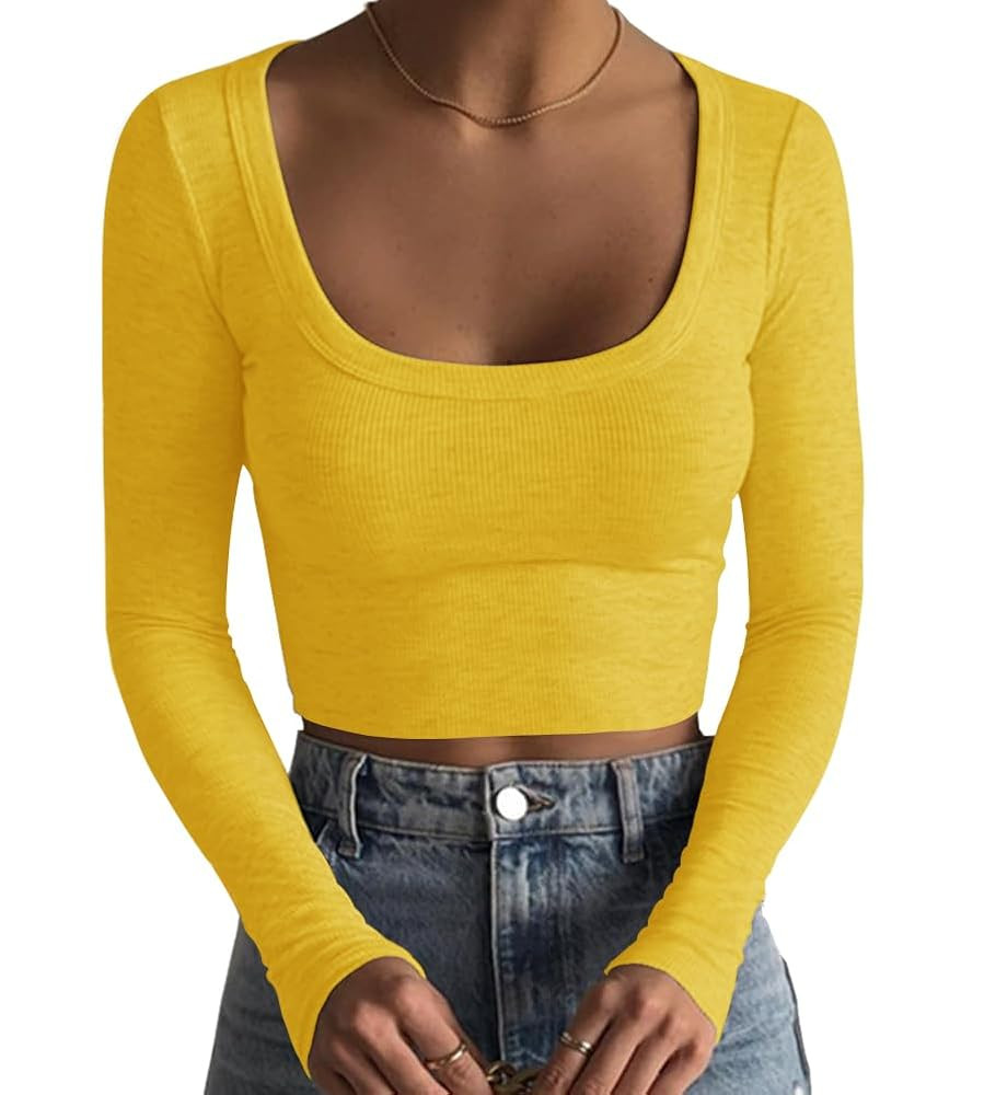 Artfish Women's Square Neck Long Sleeve Ribbed Slim Fitted Casual Basic Crop Top | Amazon (US)