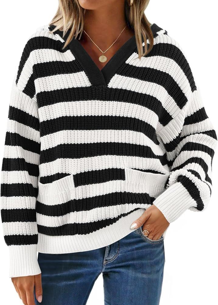 ZESICA Women's Fall Striped Sweaters 2024 V Neck Ribbed Knit Casual Oversized Pullover Hoodies To... | Amazon (US)