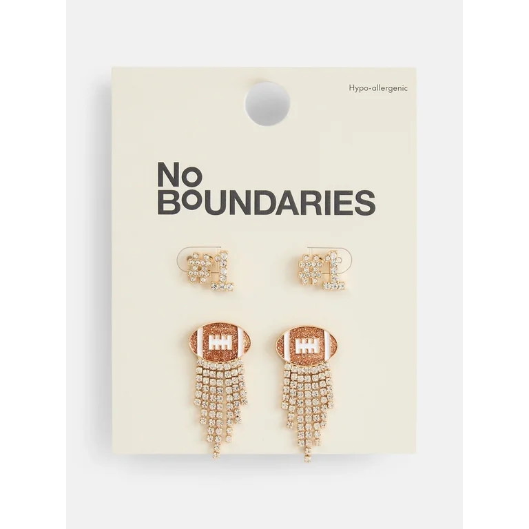 No Boundaries Women's Gold Tone Game Day Football Studs and Fringe Earrings Set, 2 Pairs | Walmart (US)
