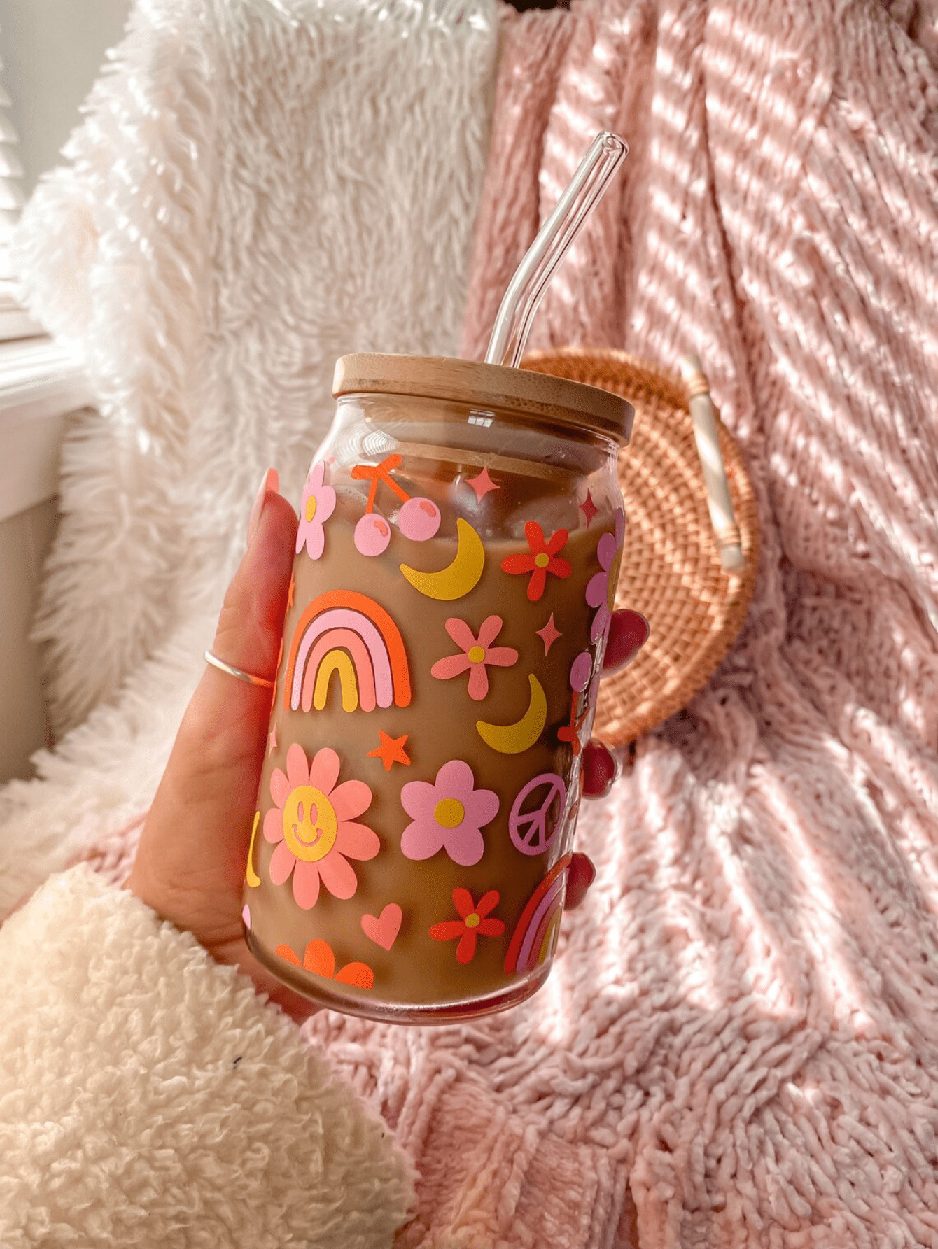 1pc 480ml Rainbow Flower Glass CupSet With Bamboo Lid And Straw, Holiday Gift For Friends | SHEIN