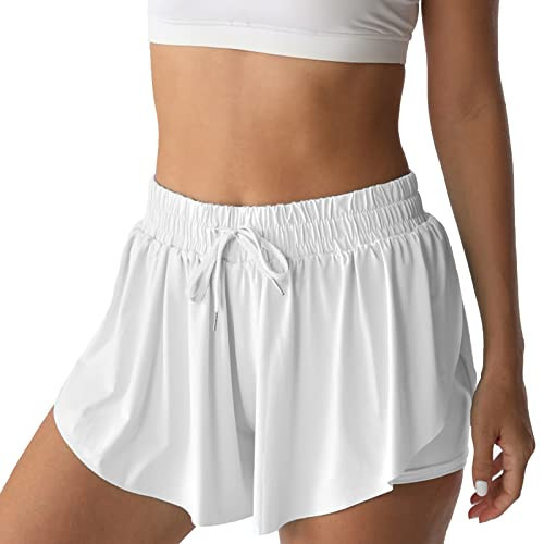 Flowy Athletic Shorts for Women Running Tennis Butterfly Shorts Girls 2-in-1 Double Layer Quick-Drying Comfy Shorts (Milky White, XX-Small) | Amazon (US)