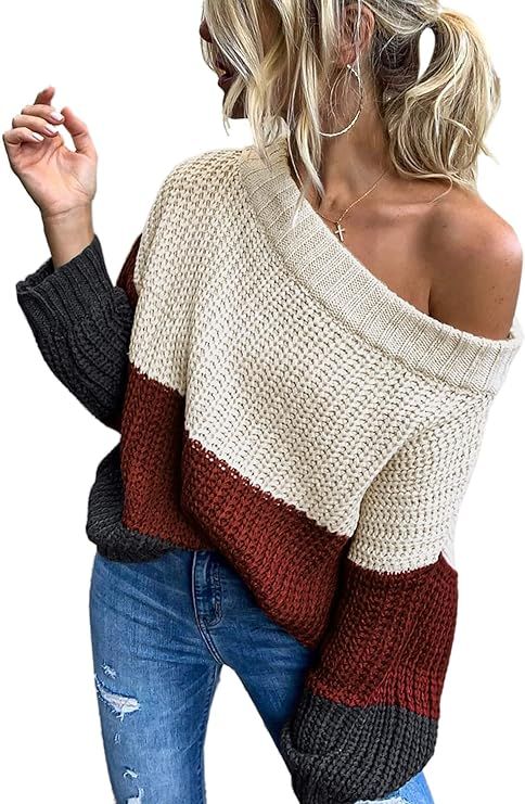 Angashion Women's Sweaters Casual One Off Shoulder Oversized Long Sleeve Color Block Patchwork Pu... | Amazon (US)