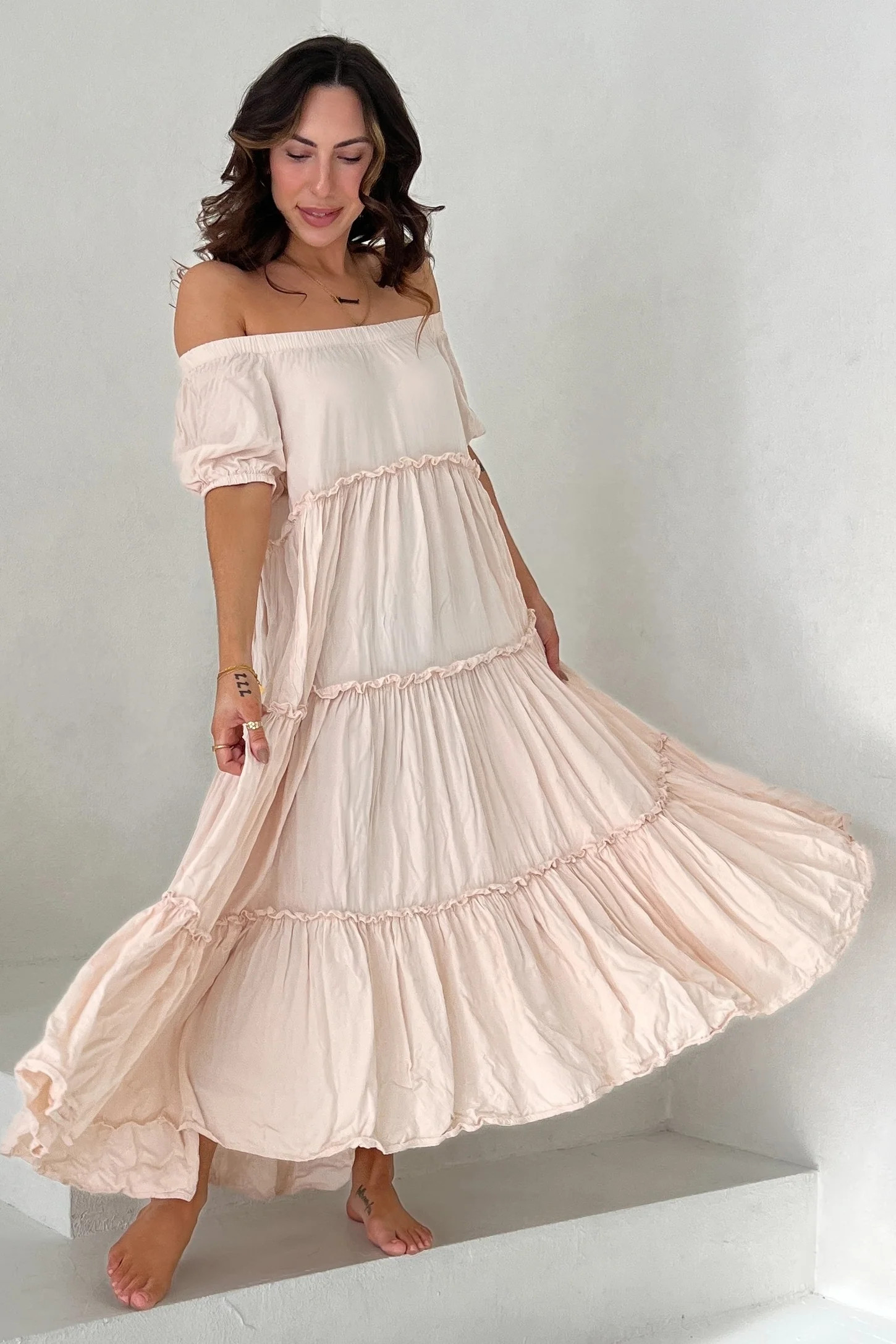 Cream Off Shoulder Ruffle Tiered Maxi Dress | PinkBlush Maternity