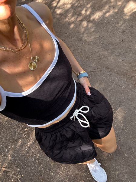 Morning hike outfit 
Quilted shorts can be worn for everyday or a low impact workout (since they’re not lined) and so chic. They run tts 
Tank is buttery soft, I have a wider ribcage so went up a size 

#LTKover40