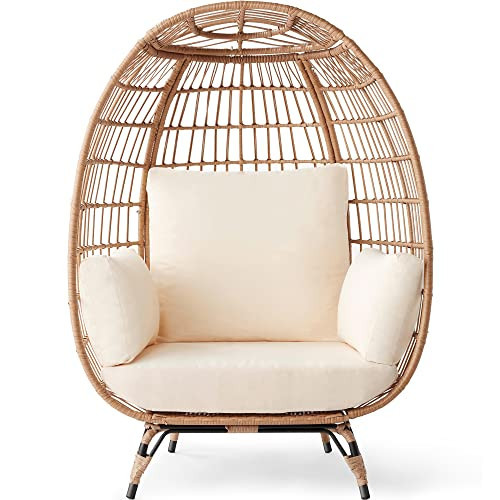 Best Choice Products Wicker Egg Chair, Oversized Indoor Outdoor Lounger for Patio, Backyard, Living Room w/ 4 Cushions, Steel Frame, 440lb Capacity - Ivory | Amazon (US)