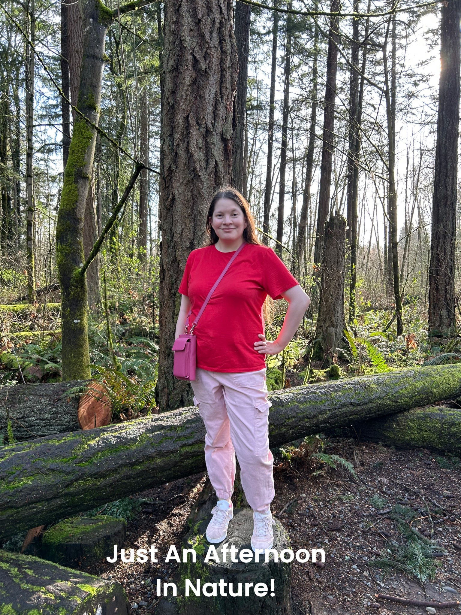 Just went on a nice nature walk this after with some beautiful trees 🌲 and nature trails 🚶🏻‍♀️ Wearing my A New Day Red Tee from @Target my Celebrity Pink High-Rise Zip Fly Cargo Joggers from @Macys My favorite @adidas Court 3.0 Pink Sneakers 👟 and Bullguard Phone Purse 👛 🐂 

#LTKootd #LTKfitnessgoals #LTKdayinmylife