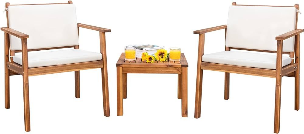 Devoko Patio Set 3 Piece Acacia Wood Outdoor Furniture Conversation Seat with Table & Cushions Po... | Amazon (US)