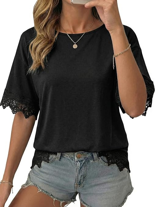 Dokotoo Womens Summer Tops 2026 Oversized Short Sleeve Shirts Casual Loose Lace Patchwork Tshirt ... | Amazon (US)