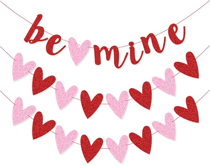 Obavioy 3 Pack Be Mine Valentines Day Banner Red & Pink Glittery Heart Garland Decorations for We... | Amazon (US)