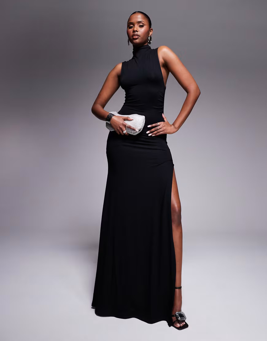 ASOS DESIGN high neck ruched asymmetric seam maxi dress in black | ASOS (Global)